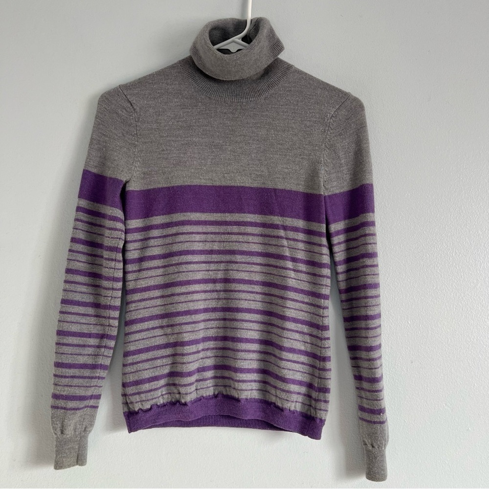 SAKS FIFTH Avenue Womens Wool Turtleneck Sweater Purple Gray Striped Petite Sz M